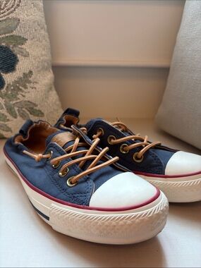 Navy Canvas Slip-On Sneakers with Tan Laces